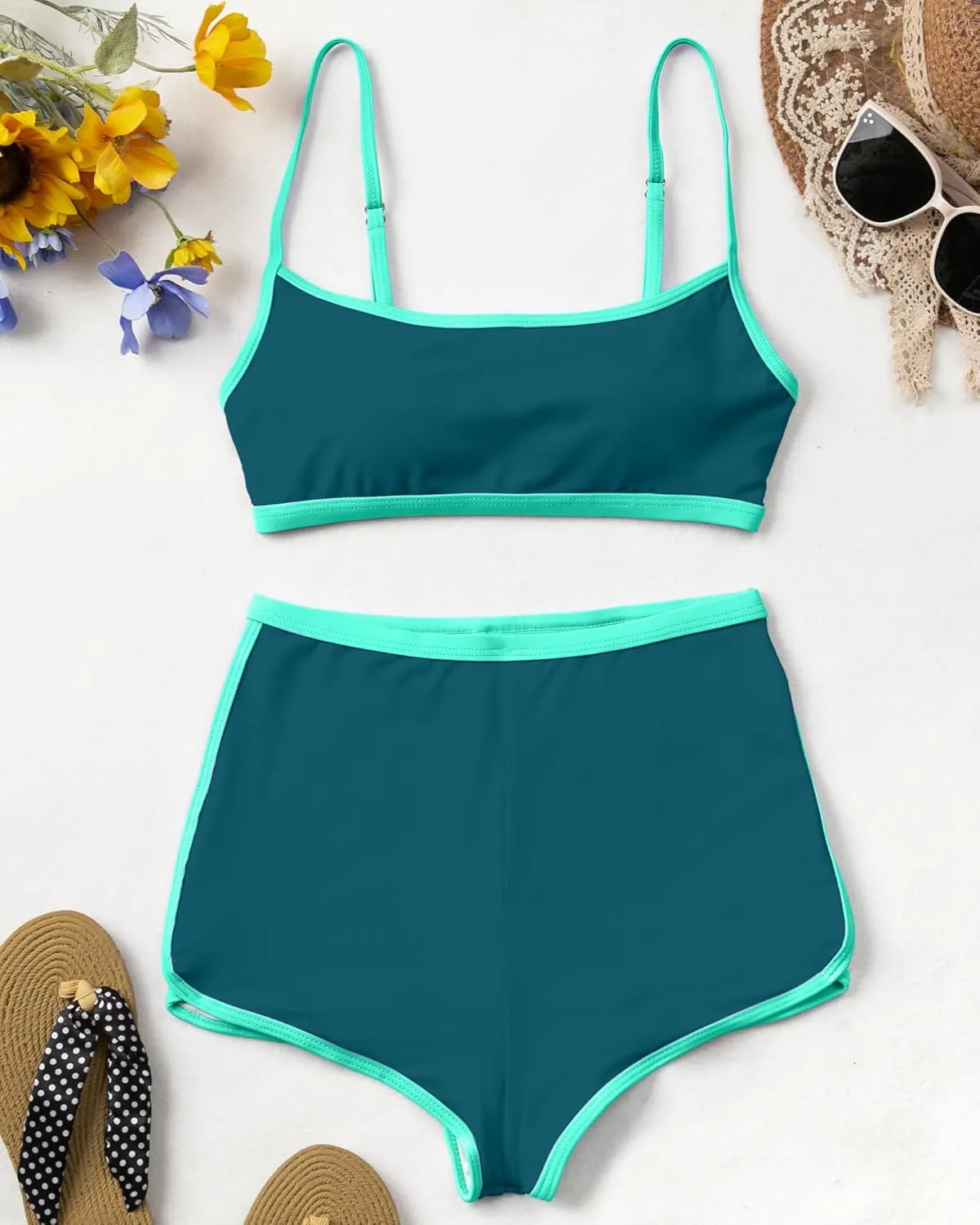 AngiMelo High Waisted Bikini Sets for Women Two Piece Tummy Control Swimsuits Modest Bathing Suit Shorts Swim Suits Teens