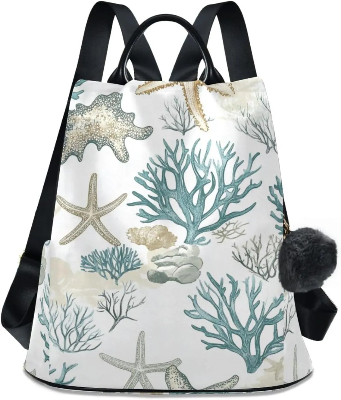 Backpack Purse for Women Summer Starfish Coral Beach Coastal Seashell Teal Green Nylon Anti-theft Fashion Travel Back Pack Lightweight Shoulder Bag with Plush Ball Keychain