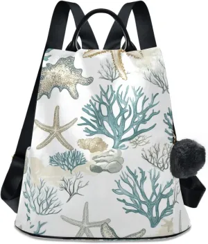 Backpack Purse for Women Summer Starfish Coral Beach Coastal Seashell Teal Green Nylon Anti-theft Fashion Travel Back Pack Lightweight Shoulder Bag with Plush Ball Keychain
