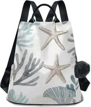 Backpack Purse for Women Teal Green Coral Starfish Beach Coastal Seashell Nylon Anti-theft Fashion Travel Back Pack Lightweight Shoulder Bag with Plush Ball Keychain