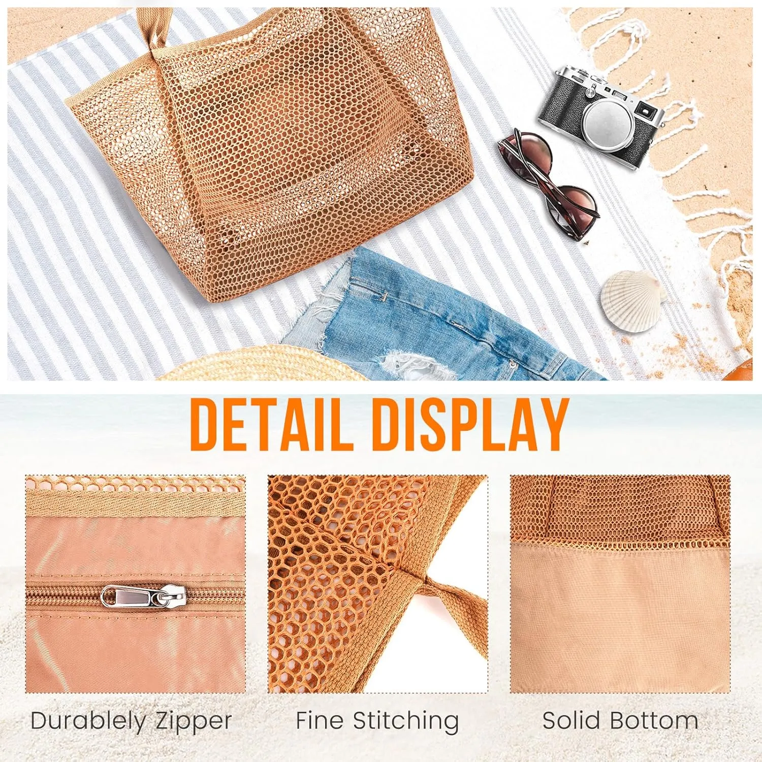 Beach Bags for Women, Summer Travel Mesh Tote Bag with Large Inner Pocket, Sandproof Woven Shoulder Handbag