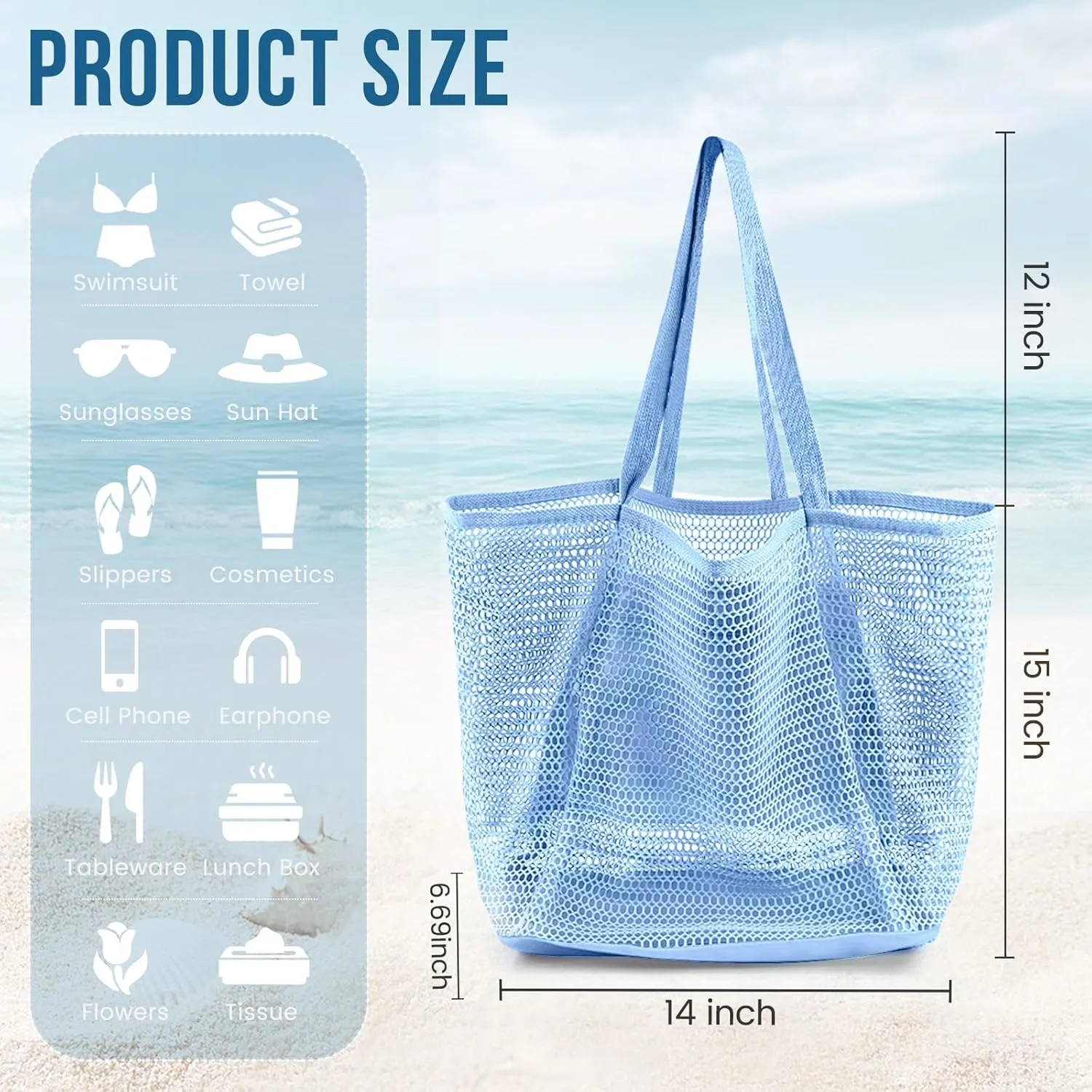 Beach Bags for Women, Summer Travel Mesh Tote Bag with Large Inner Pocket, Sandproof Woven Shoulder Handbag