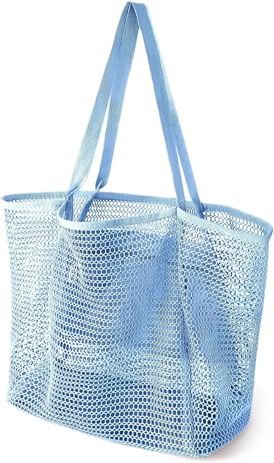 Beach Bags for Women, Summer Travel Mesh Tote Bag with Large Inner Pocket, Sandproof Woven Shoulder Handbag