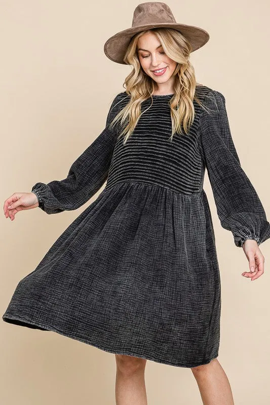 Black Front Pintuck Cotton Midi Dress