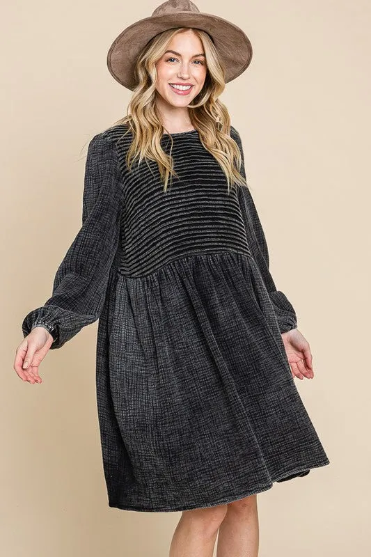 Black Front Pintuck Cotton Midi Dress