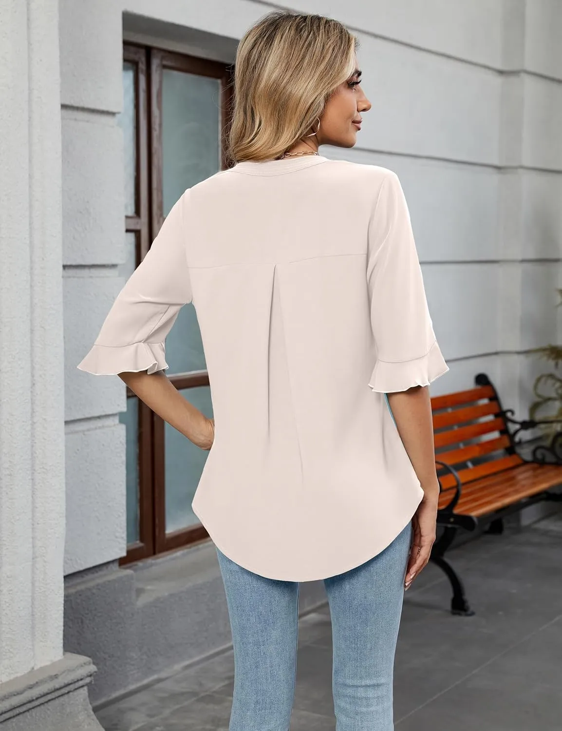 Blooming Jelly Women's Dressy Casual Blouses Business Work Tops Summer Tunic 3/4 Length Sleeve V Neck Shirts Trend Outfits