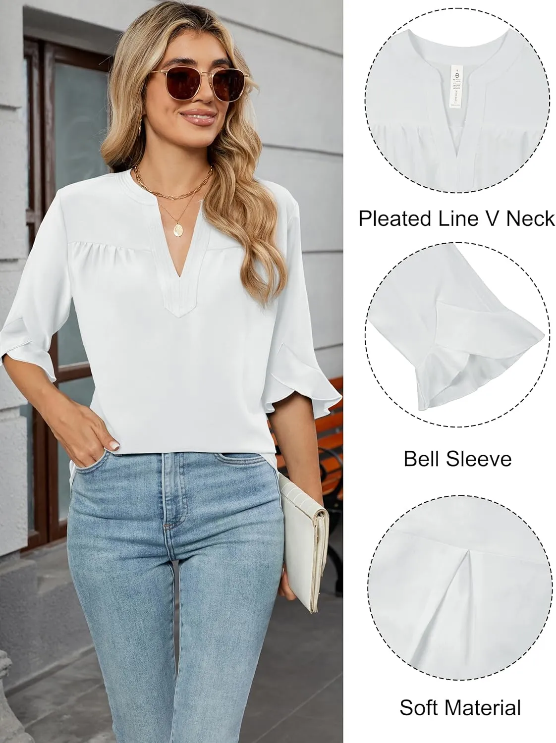 Blooming Jelly Women's Dressy Casual Blouses Business Work Tops Summer Tunic 3/4 Length Sleeve V Neck Shirts Trend Outfits