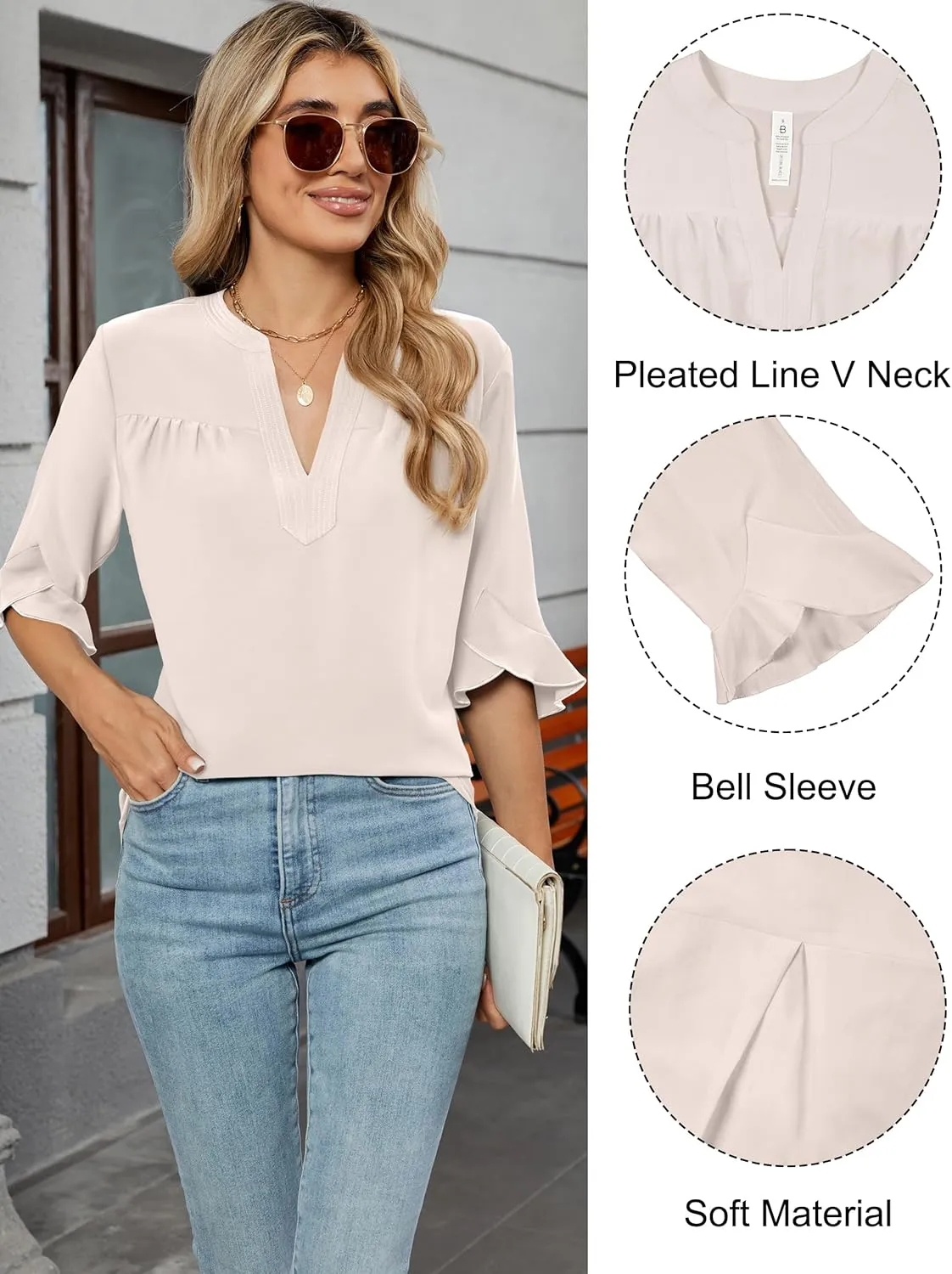 Blooming Jelly Women's Dressy Casual Blouses Business Work Tops Summer Tunic 3/4 Length Sleeve V Neck Shirts Trend Outfits