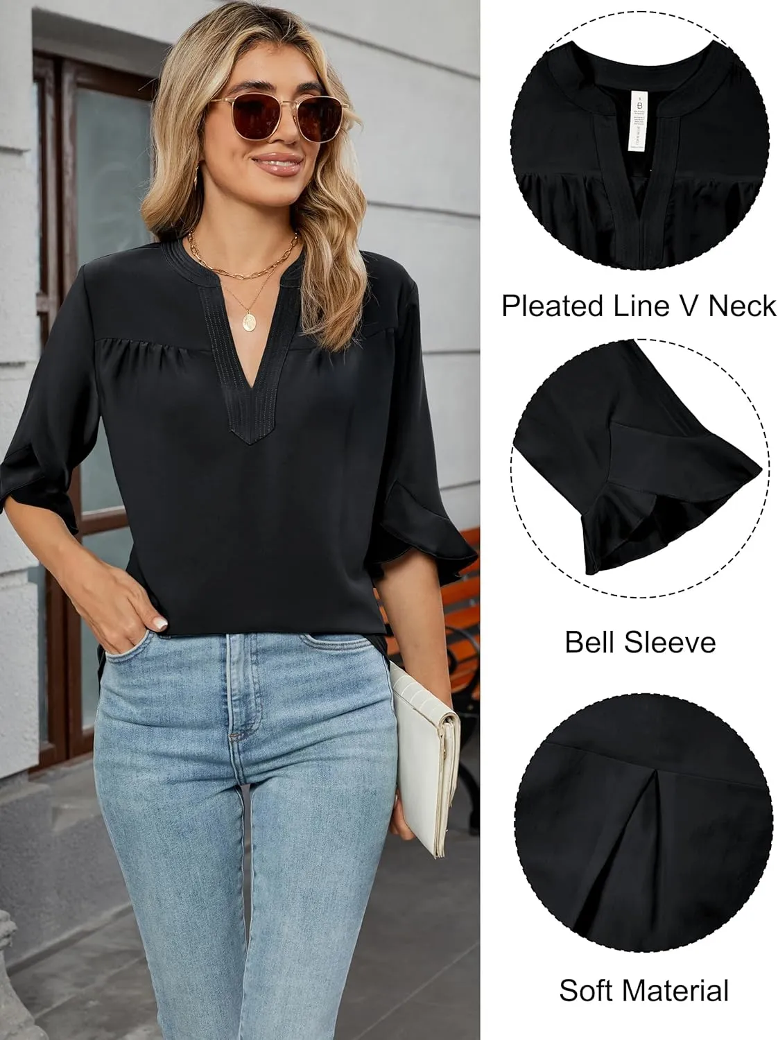 Blooming Jelly Women's Dressy Casual Blouses Business Work Tops Summer Tunic 3/4 Length Sleeve V Neck Shirts Trend Outfits