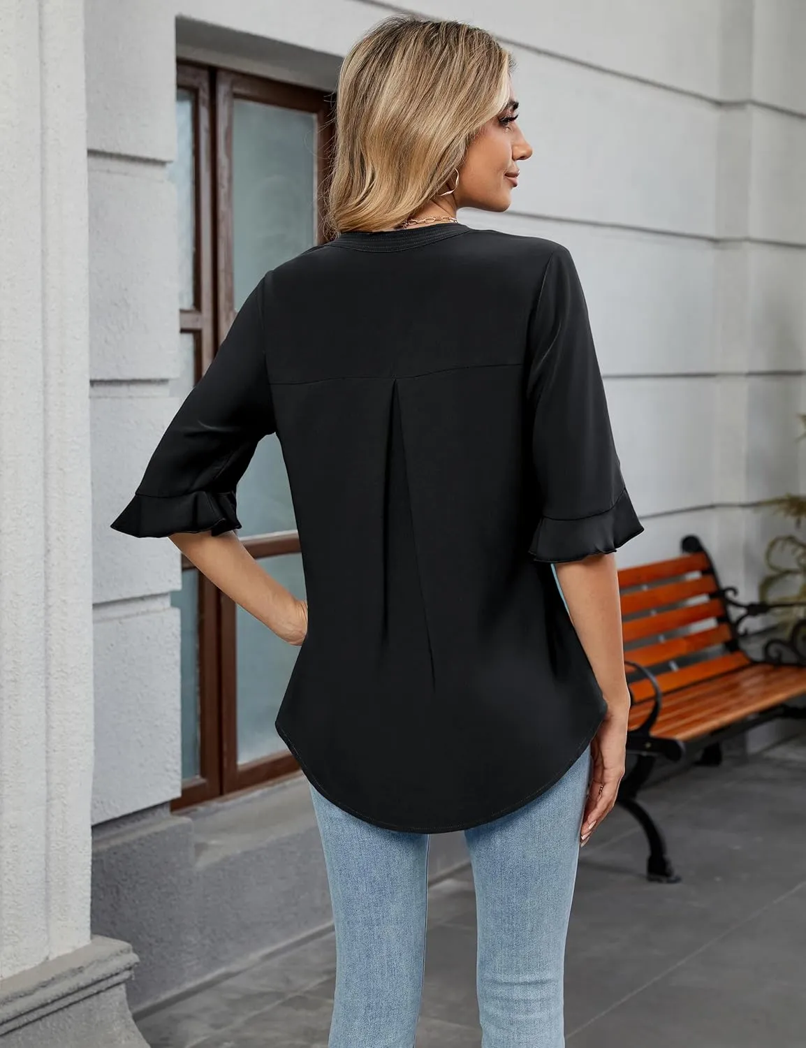Blooming Jelly Women's Dressy Casual Blouses Business Work Tops Summer Tunic 3/4 Length Sleeve V Neck Shirts Trend Outfits