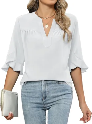 Blooming Jelly Women's Dressy Casual Blouses Business Work Tops Summer Tunic 3/4 Length Sleeve V Neck Shirts Trend Outfits