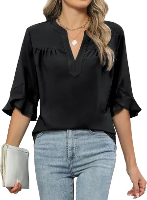 Blooming Jelly Women's Dressy Casual Blouses Business Work Tops Summer Tunic 3/4 Length Sleeve V Neck Shirts Trend Outfits