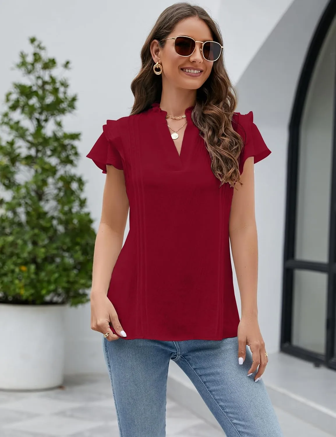 Blooming Jelly Womens Dressy Casual Tops Ruffle Short Sleeve V Neck Shirts Elegant Business Work Blouse