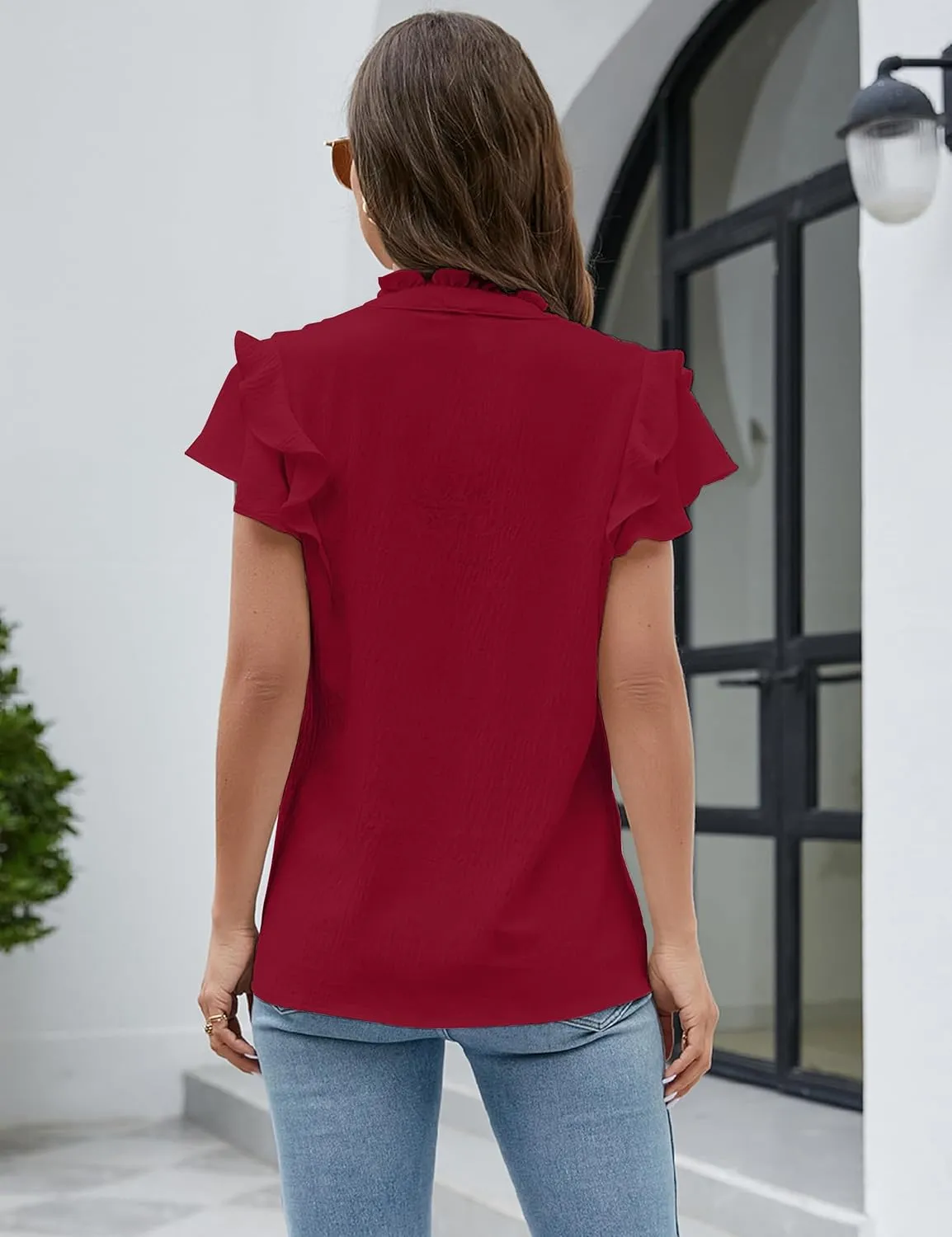 Blooming Jelly Womens Dressy Casual Tops Ruffle Short Sleeve V Neck Shirts Elegant Business Work Blouse
