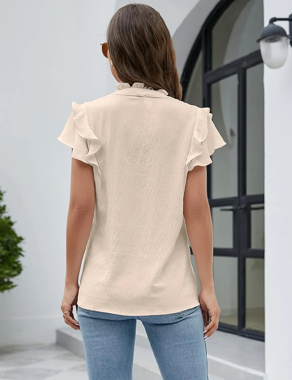 Blooming Jelly Womens Dressy Casual Tops Ruffle Short Sleeve V Neck Shirts Elegant Business Work Blouse