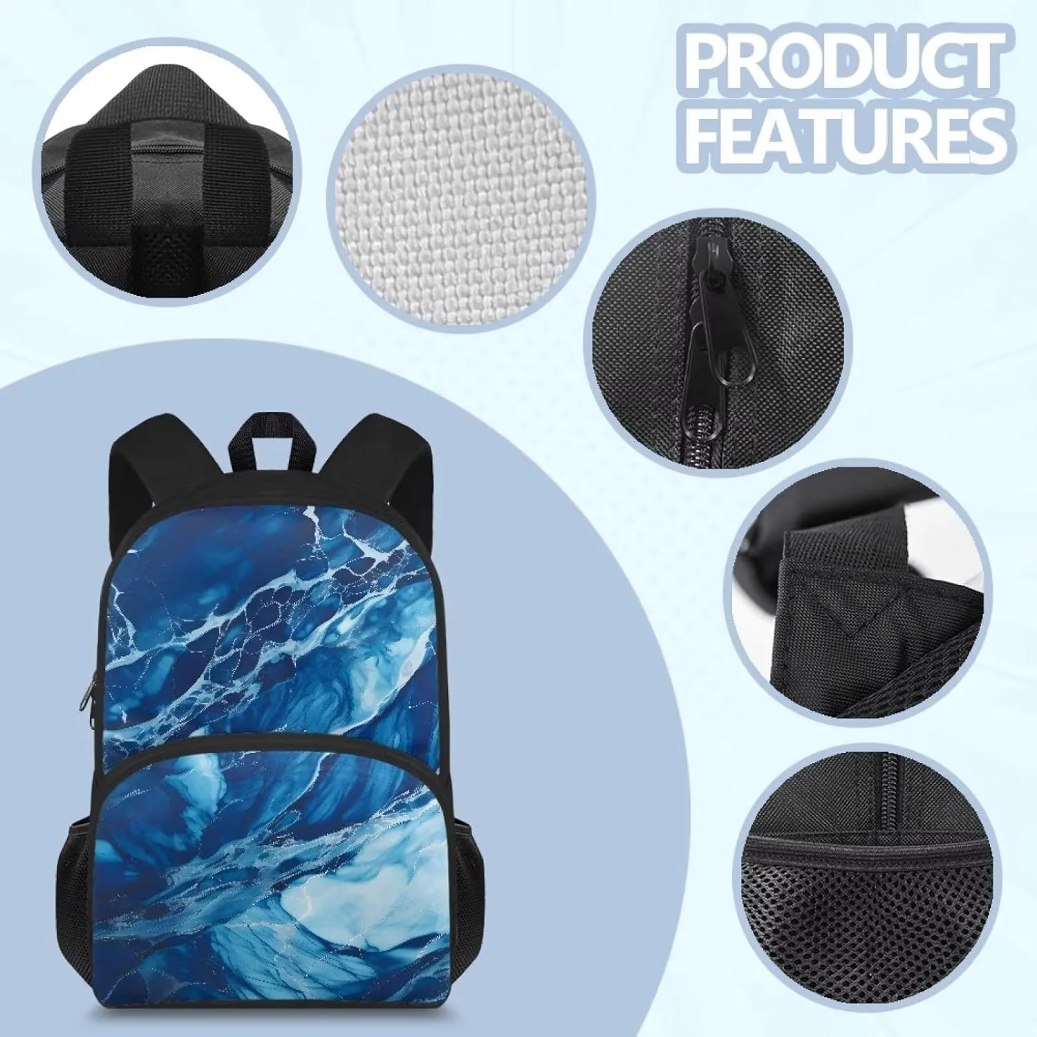 Blue Marble Texture Kids Backpack for Girls Boys School Bag School Backpack for Girls Teen Casual Lightweight Satchel with Bottle Pocket for School Travel Outdoor Anti-Theft Back Pack