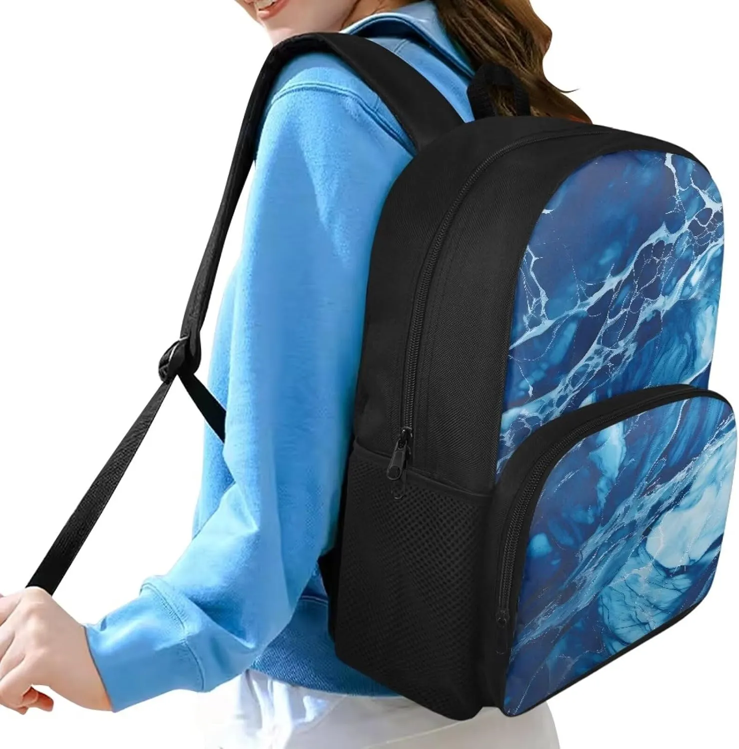 Blue Marble Texture Kids Backpack for Girls Boys School Bag School Backpack for Girls Teen Casual Lightweight Satchel with Bottle Pocket for School Travel Outdoor Anti-Theft Back Pack