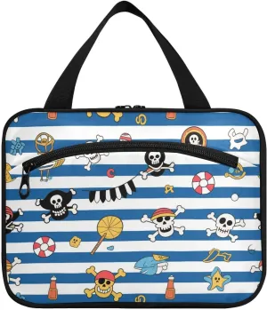 Blue White Striped Coastal Pirate Skull hanging travel toiletry bag hanging with hook, designer foldable cosmetic bag for traveler backpacking kit de para mujer L