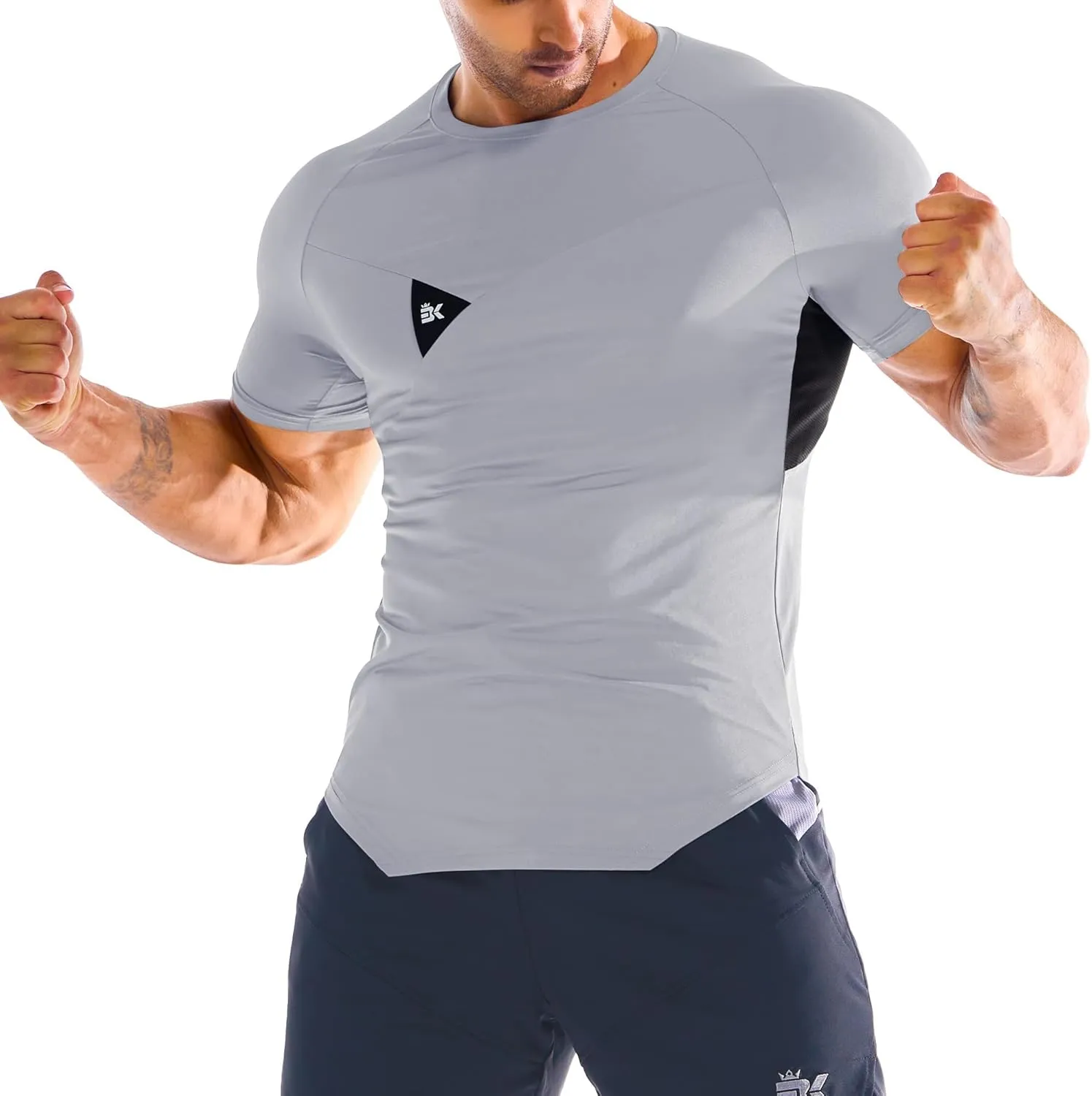 BROKIG 3 Pack Men's Irregular Muscle Gym Shirts Quick Dry Sun Protection Workout Athletic T Shirt Short Sleeve