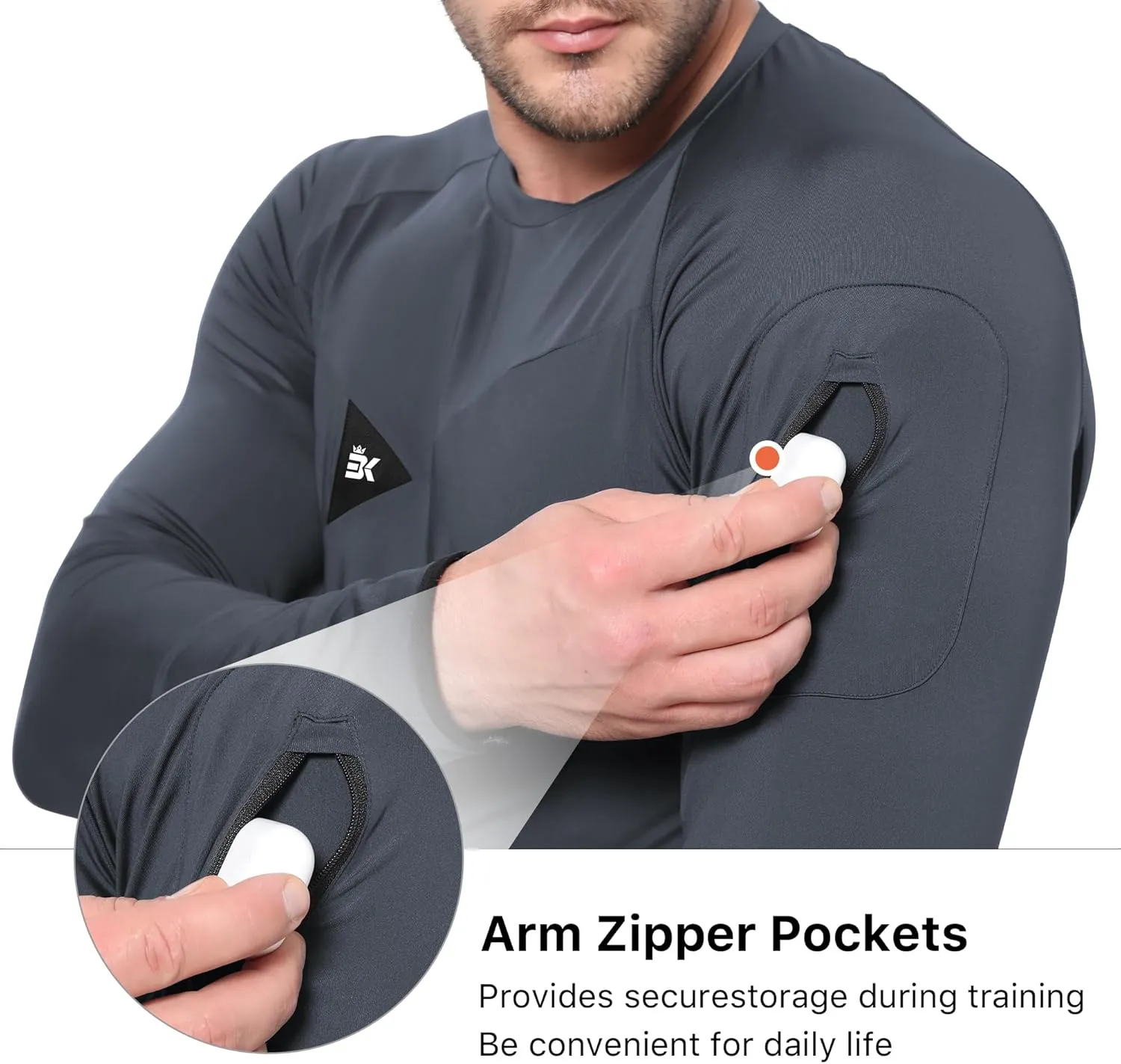 BROKIG Men's Armzip Long Sleeve Running Shirts Quick Dry Sun Protection UV UPF 50  Jogging T Shirts Zip Pocket Gym Workout