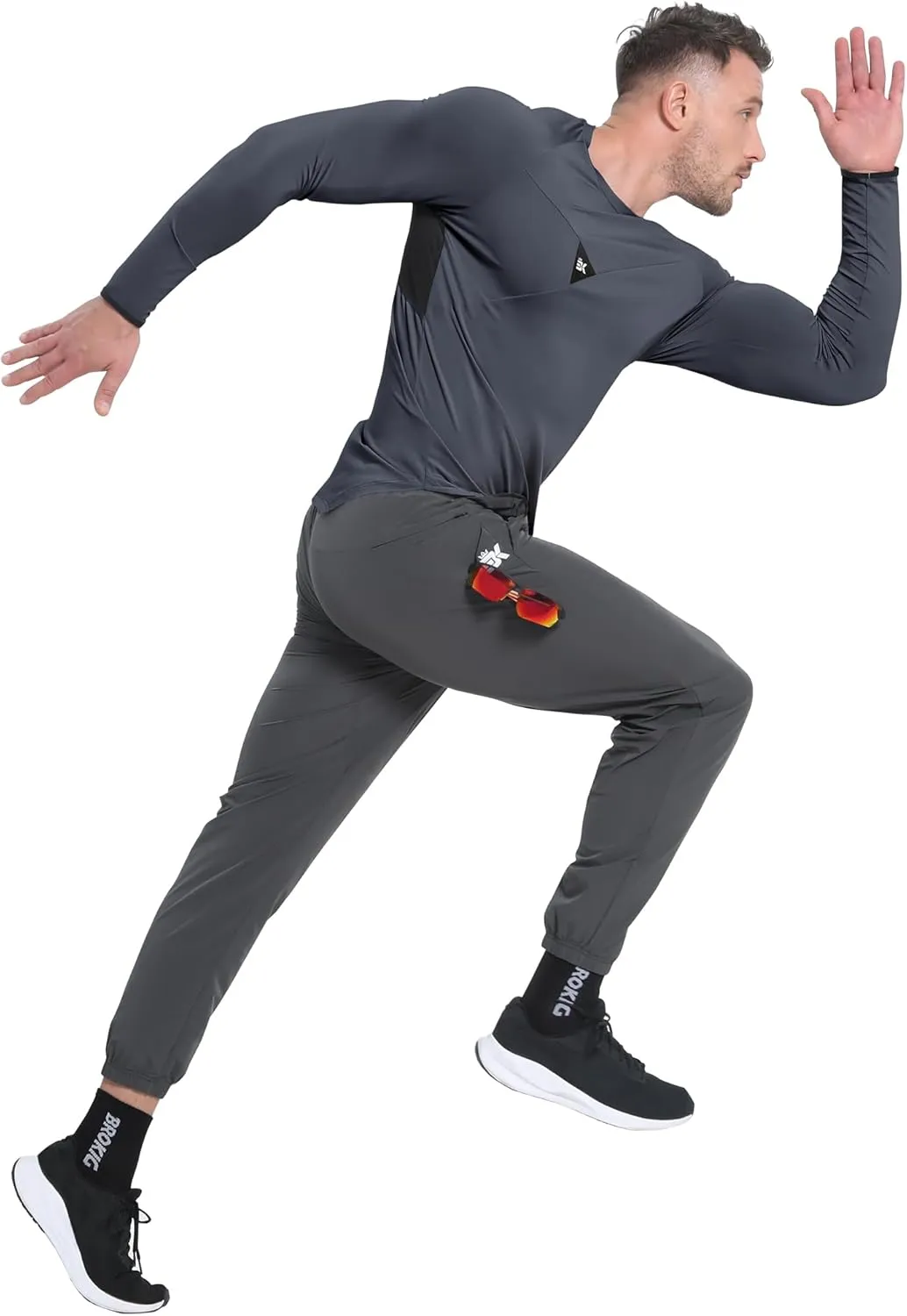 BROKIG Men's Armzip Long Sleeve Running Shirts Quick Dry Sun Protection UV UPF 50  Jogging T Shirts Zip Pocket Gym Workout