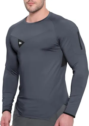 BROKIG Men's Armzip Long Sleeve Running Shirts Quick Dry Sun Protection UV UPF 50  Jogging T Shirts Zip Pocket Gym Workout