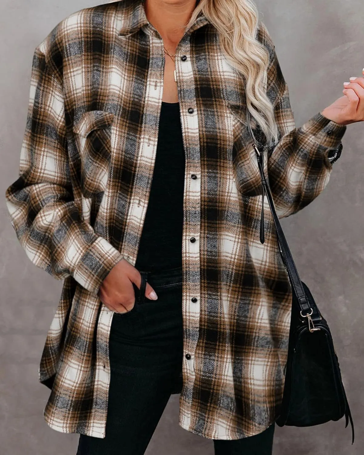 BTFBM Womens Plaid Jacket Long Sleeve Button Down Casual Flannel Shacket Shirts Loose Fall Spring Blouses Tops 2025