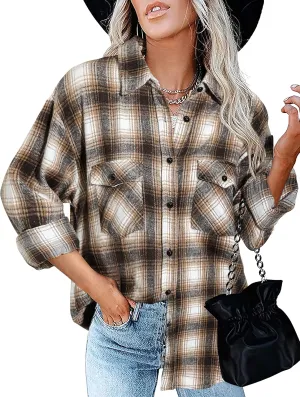 BTFBM Womens Plaid Jacket Long Sleeve Button Down Casual Flannel Shacket Shirts Loose Fall Spring Blouses Tops 2025