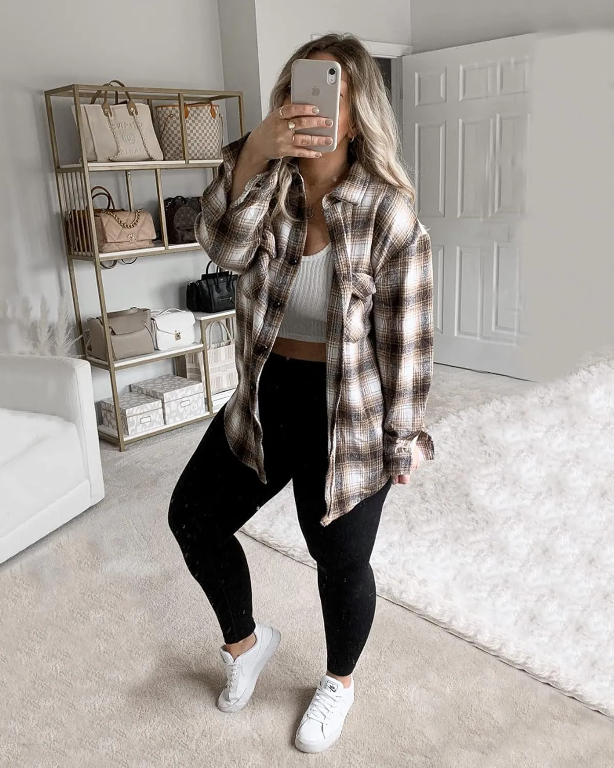 BTFBM Womens Plaid Jacket Long Sleeve Button Down Casual Flannel Shacket Shirts Loose Fall Spring Blouses Tops 2025