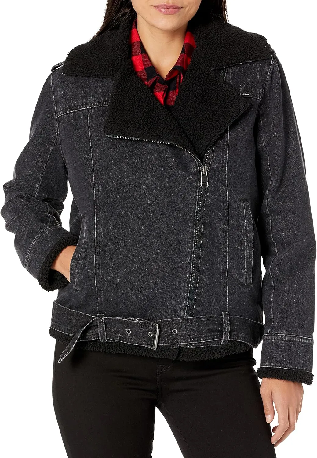 Calvin Klein Women's Oversized Belted Moto with Sherpa