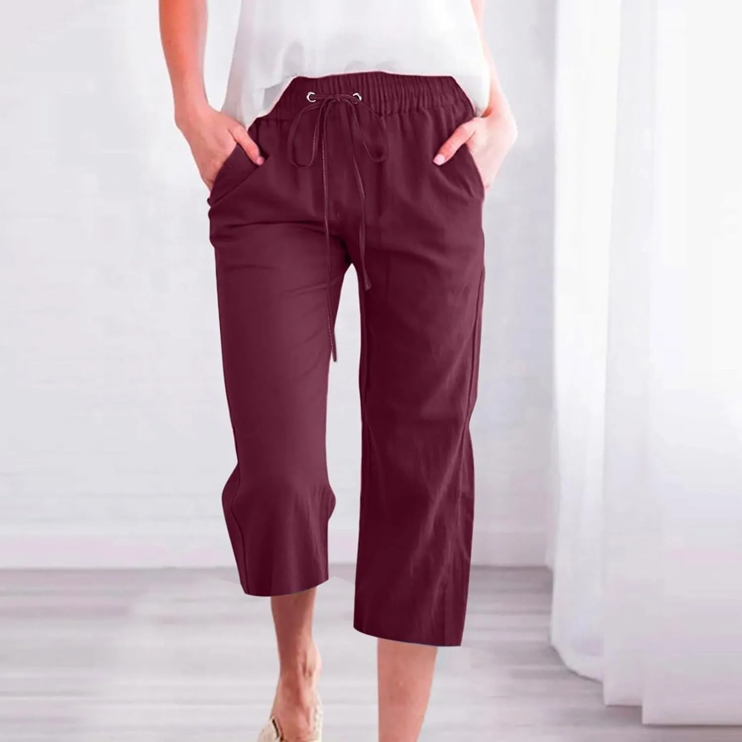 Capri Linen Pants Women Summer Casual 2025 Travel Drawstring Elastic High Waist Straight Wide Leg Cropped Trousers