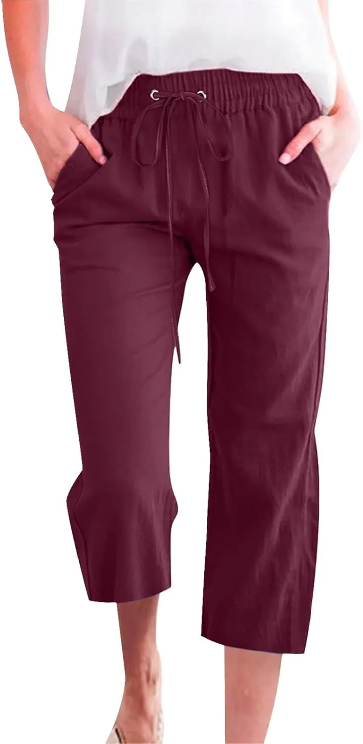 Capri Linen Pants Women Summer Casual 2025 Travel Drawstring Elastic High Waist Straight Wide Leg Cropped Trousers