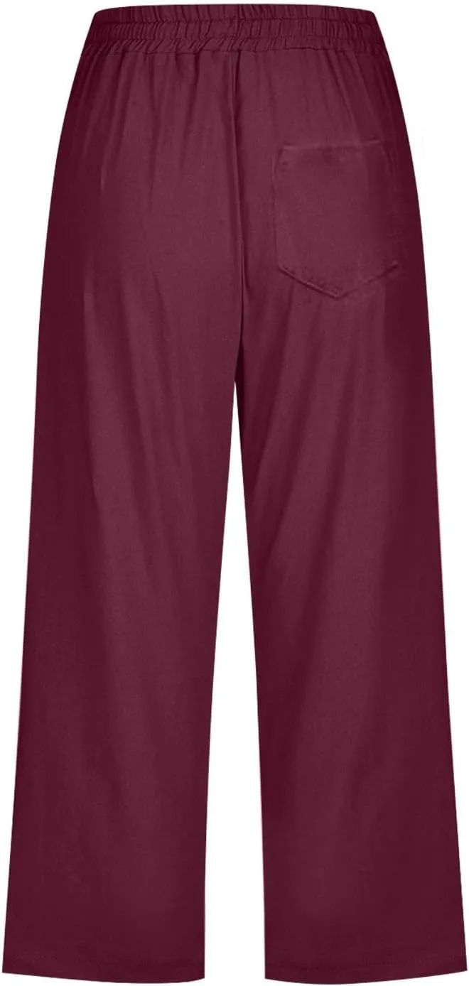 Capri Linen Pants Women Summer Casual 2025 Travel Drawstring Elastic High Waist Straight Wide Leg Cropped Trousers