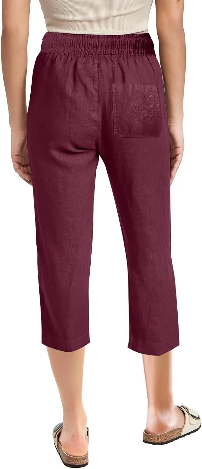 Capri Linen Pants Women Summer Casual 2025 Travel Drawstring Elastic High Waist Straight Wide Leg Cropped Trousers