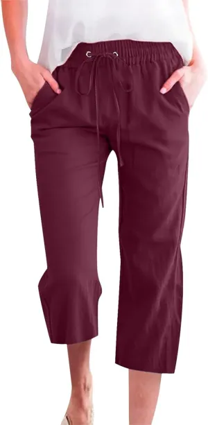 Capri Linen Pants Women Summer Casual 2025 Travel Drawstring Elastic High Waist Straight Wide Leg Cropped Trousers