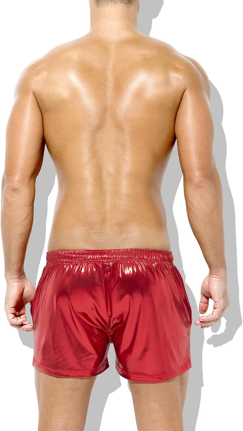 Casey Kevin Men's Holographic Metallic Short Sparkly Shiny Short Pants Rave Outfit Hot Shorts with Pockets and Drawstrings