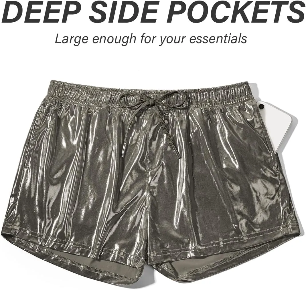 Casey Kevin Men's Holographic Metallic Short Sparkly Shiny Short Pants Rave Outfit Hot Shorts with Pockets and Drawstrings