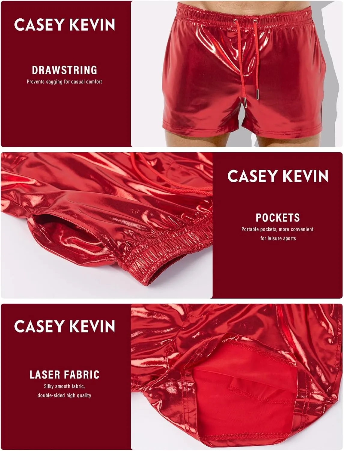 Casey Kevin Men's Holographic Metallic Short Sparkly Shiny Short Pants Rave Outfit Hot Shorts with Pockets and Drawstrings