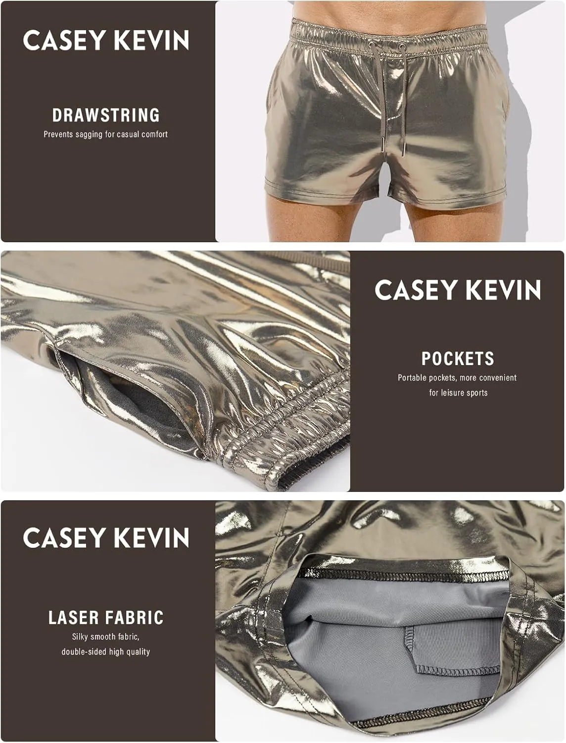 Casey Kevin Men's Holographic Metallic Short Sparkly Shiny Short Pants Rave Outfit Hot Shorts with Pockets and Drawstrings