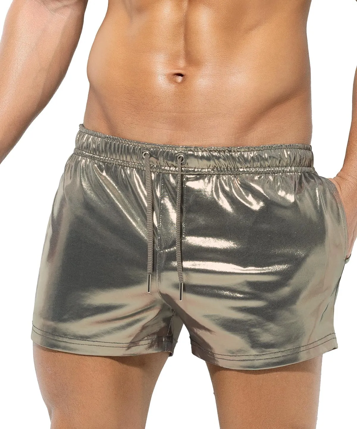 Casey Kevin Men's Holographic Metallic Short Sparkly Shiny Short Pants Rave Outfit Hot Shorts with Pockets and Drawstrings