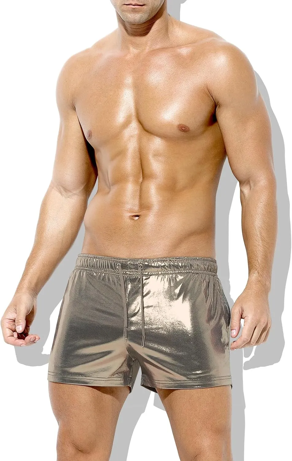 Casey Kevin Men's Holographic Metallic Short Sparkly Shiny Short Pants Rave Outfit Hot Shorts with Pockets and Drawstrings
