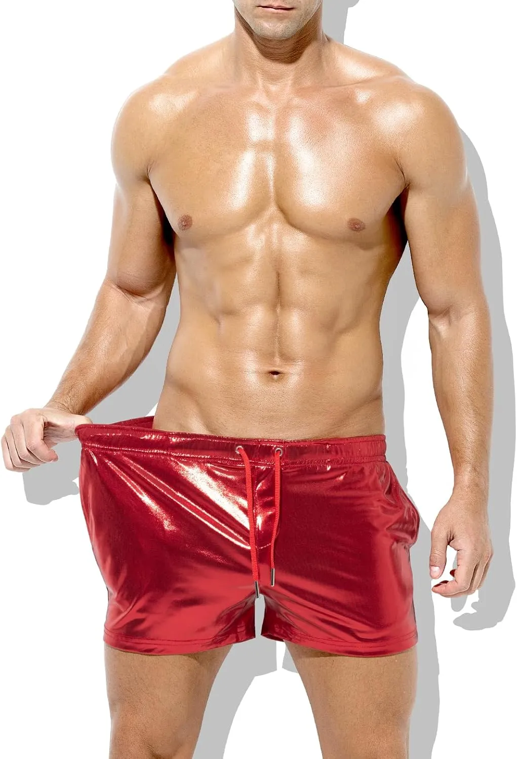 Casey Kevin Men's Holographic Metallic Short Sparkly Shiny Short Pants Rave Outfit Hot Shorts with Pockets and Drawstrings