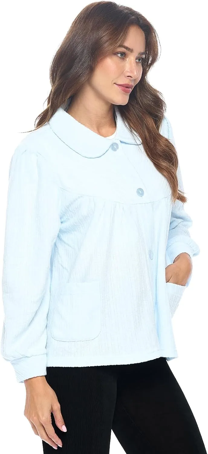 Casual Nights Women's Chenille Bed Jacket, Button Front Long Sleeve Sleep Top with Pockets