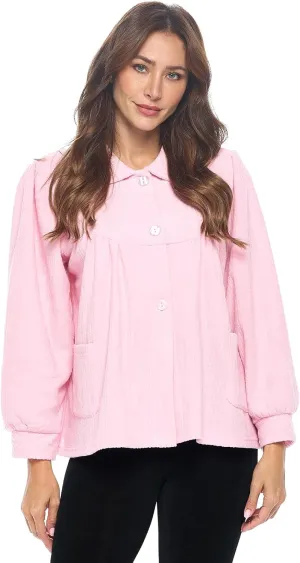 Casual Nights Women's Chenille Bed Jacket, Button Front Long Sleeve Sleep Top with Pockets