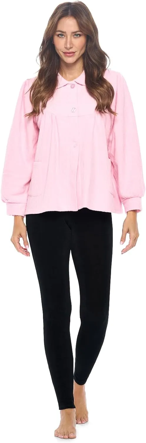 Casual Nights Women's Chenille Bed Jacket, Button Front Long Sleeve Sleep Top with Pockets