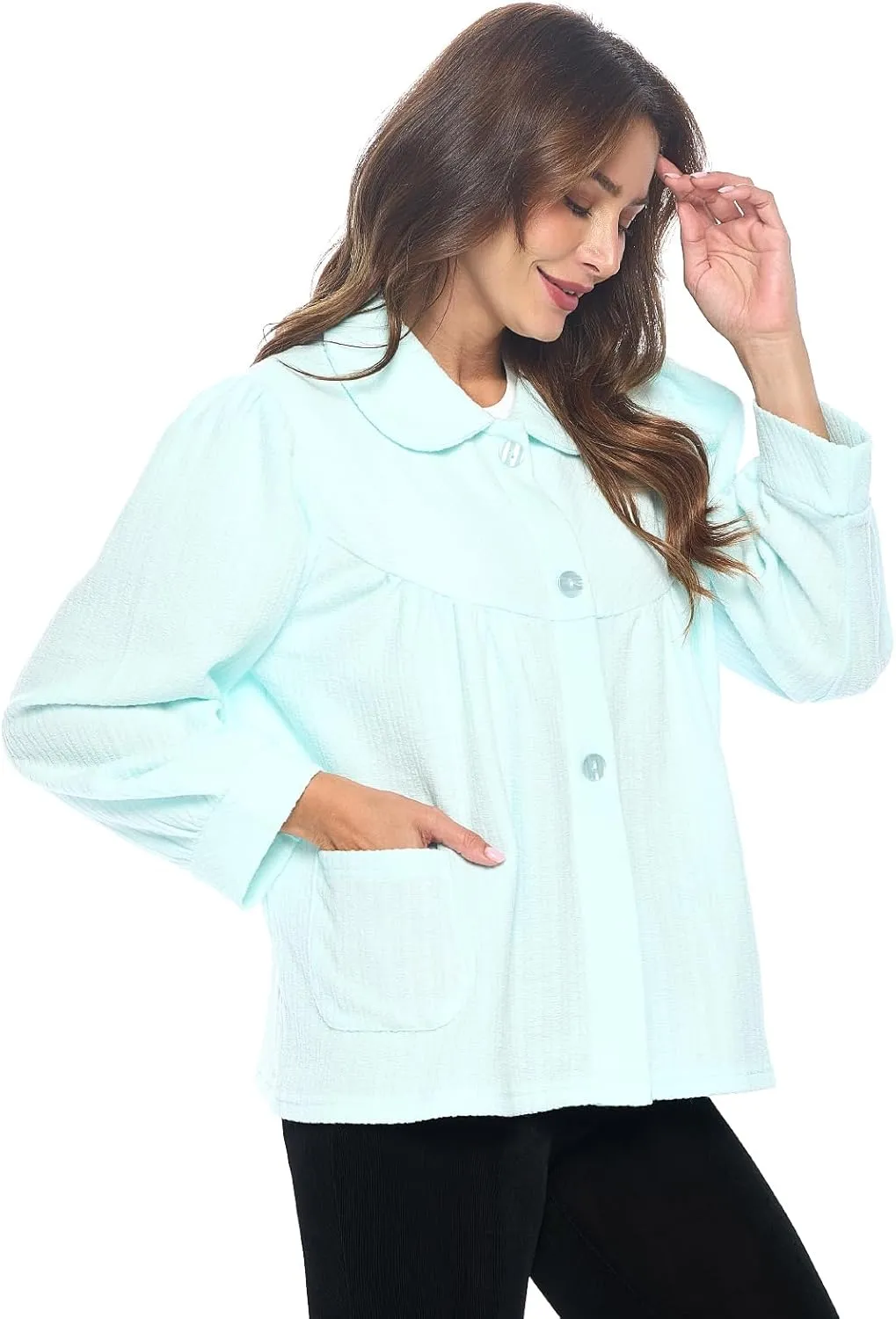 Casual Nights Women's Chenille Bed Jacket, Button Front Long Sleeve Sleep Top with Pockets