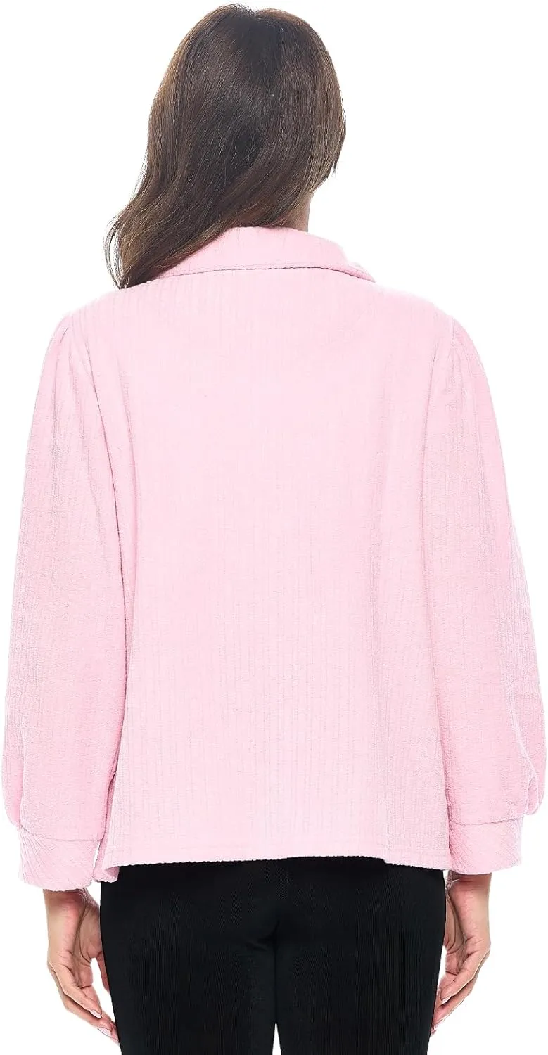 Casual Nights Women's Chenille Bed Jacket, Button Front Long Sleeve Sleep Top with Pockets