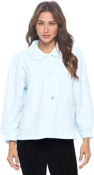 Casual Nights Women's Chenille Bed Jacket, Button Front Long Sleeve Sleep Top with Pockets