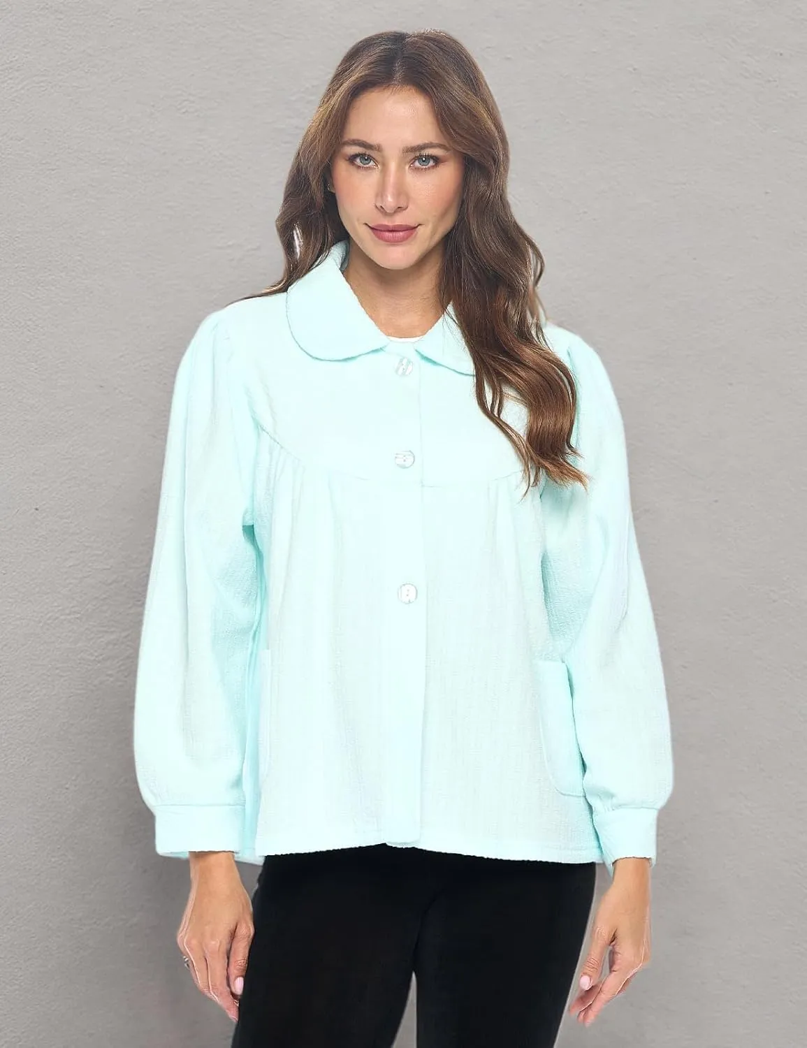 Casual Nights Women's Chenille Bed Jacket, Button Front Long Sleeve Sleep Top with Pockets