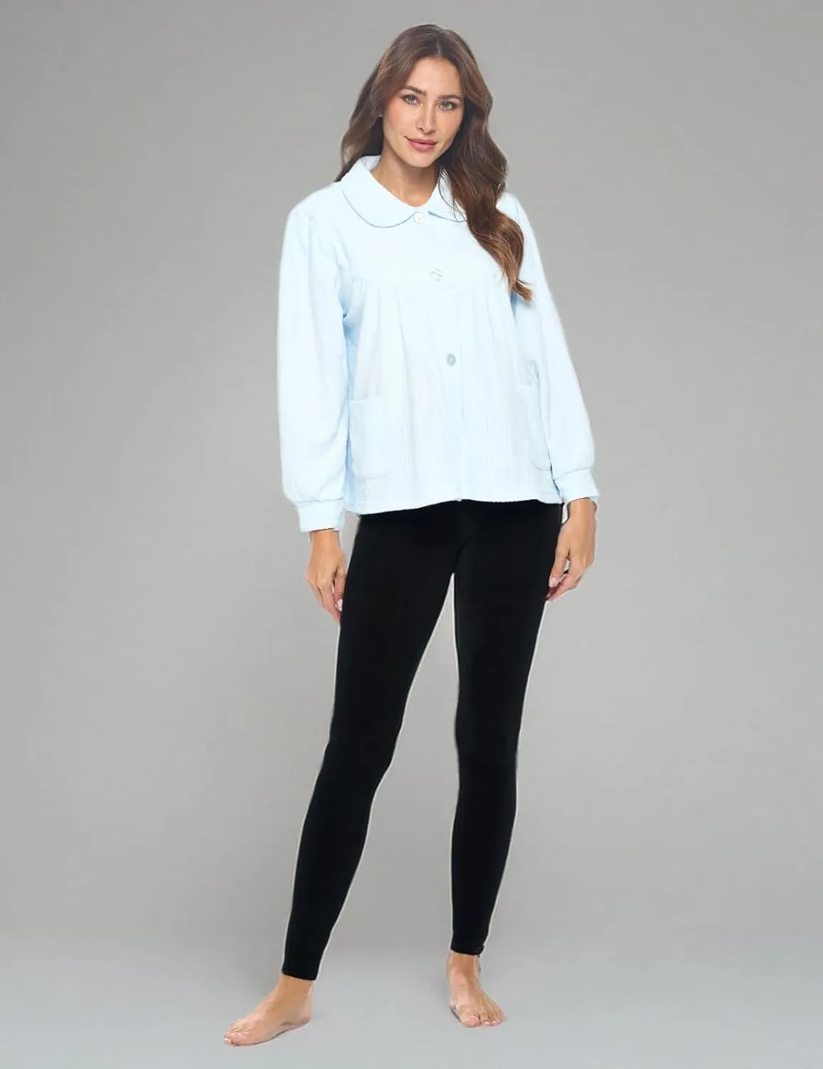 Casual Nights Women's Chenille Bed Jacket, Button Front Long Sleeve Sleep Top with Pockets